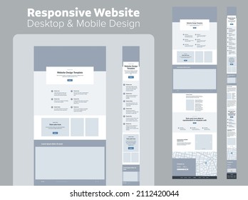 Landing Page Wireframe Design For Business. Desktop And Mobile One Page Site Layout Template. Modern Responsive Design. UX UI Website.