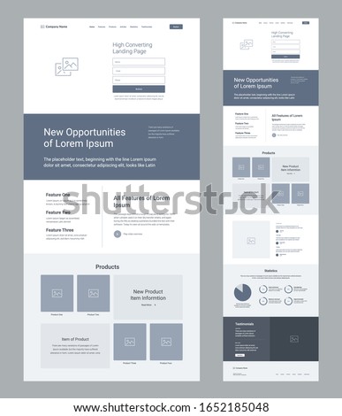 Landing page wireframe design for business. One page website layout template. Modern responsive design. Ux ui website: features, product, articles, statiscics, testimonials.