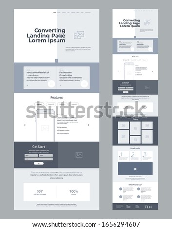 Landing page wireframe design for business. One page website layout template. Modern responsive design. Ux ui website: features, form, statistics, gallery, how it works, testimonials.