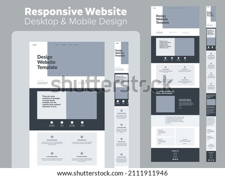 Landing page wireframe design for business. Desktop and mobile one page site layout template. Modern responsive design. UX UI website.