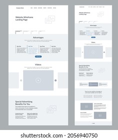 Landing page wireframe design layout template. Modern responsive design UI UX website.