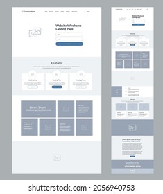 Landing page wireframe design layout template. Modern responsive design UI UX website.