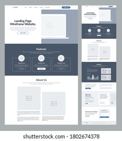 Landing page wireframe site design for business. One page web site layout template. Modern responsive design. UX UI website: home, features, about, statistics, testimonials and order form.