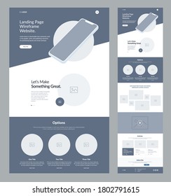 Landing page wireframe site design for business. One page web site layout template. Modern responsive design. UX UI website: home, advantages, about, options, gallery, video, articles and subscribe.