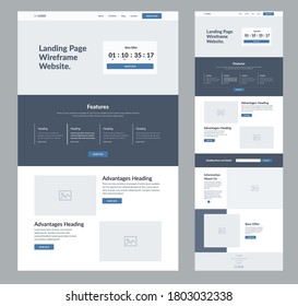 Landing page wireframe site design for business. One page web site layout template. Modern responsive design. UX UI website: home, about us, features, advantages and best offer, 