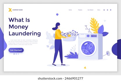 Landing page with woman carrying basin full of dollar banknotes and coins to washing machine. Concept of money laundering, illegal financial activity. Modern vector illustration web banner