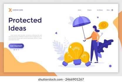 Landing page with woman covering pile of lightbulbs with umbrella. Concept of legal protection of creative ideas, copyright law protecting inventions. Modern vector illustration for web banner