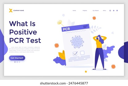 Zielseite mit Frau und Dokument, das eine Virusinfektion bestätigt. Konzept des positiven PCR-Testergebnisses, Bestätigung des infizierten Status, Coronavirus-Diagnostik. Flache Vektorillustration zum Banner.