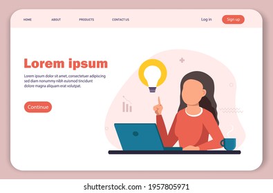Landing page, the woman at his desk works on a laptop and drinks coffee. freelance work concept. the emergence of a new idea