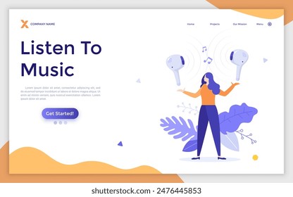Landing page with woman holding in-ear headphones. Concept of wireless earphones, or acoustic device for sound or music listening. Modern flat colorful vector illustration for poster, banner.