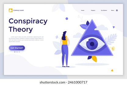 Landing page with Woman looking at eye of providence symbol enclosed in triangle. Concpiracy theory, secret society, mysterious organization. Modern flat colorful vector illustration