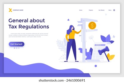 Landing page with Woman measuring dollar coin with vernier caliper, legal document, gavel. Tax law or regulation, taxation rules, fiscal policy, financial charge. Modern flat vector illustration