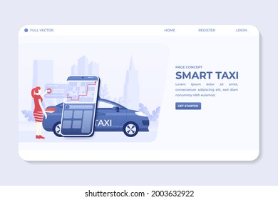 Landing Page der Frau bestellen Taxi-Service über Online-Mobil-App auf Smartphone mit Navigation Stadtplan und Pin-Punkt-Position. Vektorgrafik-Illustration