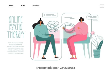 Landing page with woman patient in online psychotherapy session. The doctor through phone help to cope with stress, sadness and nervous problem. The vector illustration for medical poster