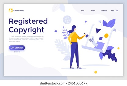 Landing page with Woman putting stamp on image or painting. Concept of copyrighted artwork, law protection of intellectual property or artist's rights on creative work. Modern vector illustration