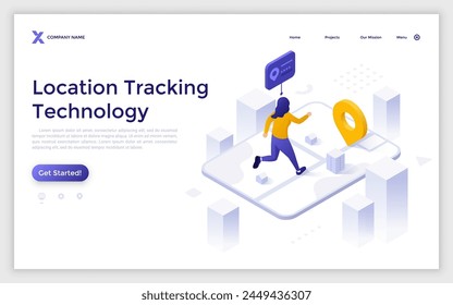 Landing page with woman runs along route to destination with GPS navigator. Location tracking concept isometric vector illustration. Sportswoman getting direction with tablet device 3d composition