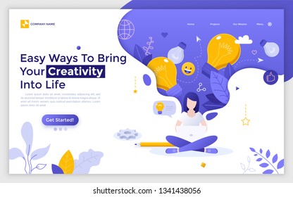 Landing Page With Woman Sitting With Crossed Legs, Working On Laptop Computer And Light Bulbs. Concept Of Idea Creation, Innovative Thinking, Creativity. Flat Vector Illustration For Web Banner.