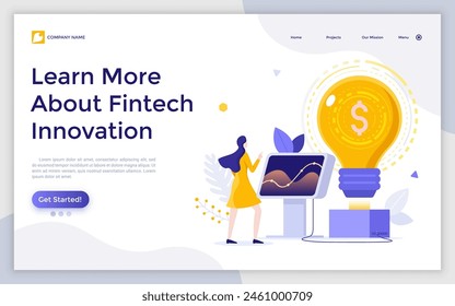 Landing page with Woman standing at control panel connected to lightbulb with dollar sign. Innovation, innovative idea generation in finance, creation of financial technology. Flat vector illustration