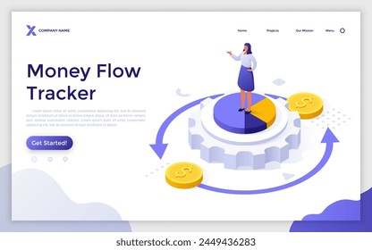 Landing page with woman standing on rotating cogwheel with infochart. Money flow concept isometric vector illustration. Financial consultant teaching to attract profit 3d composition