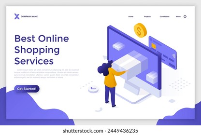 Landing page with woman taking box out of computer monitor after paying with credit card. Buy online concept isometric vector illustration. Customer ordering goods in internet store 3d composition