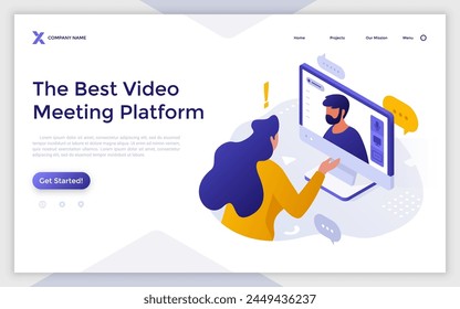 Landing page with woman talking to friend via video-chat on computer. Technology of communication. Video call concept isometric vector illustration. Couple in distant relationship 3d composition