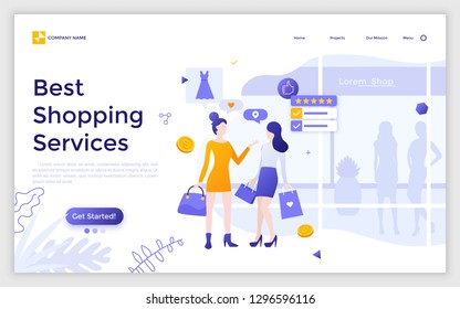 Landing page with woman telling her friend about internet store and place for text. Best shopping service, referral marketing program. Modern flat vector illustration for advertisement, promotion.