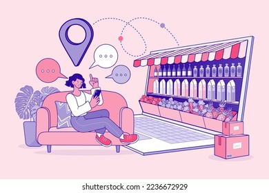 Landing page, woman used a mobile app on a smartphone. people use online shopping services. online marketing and e-commerce on laptop. Ecommerce Marketplace on Computer Screen Concept. Vector