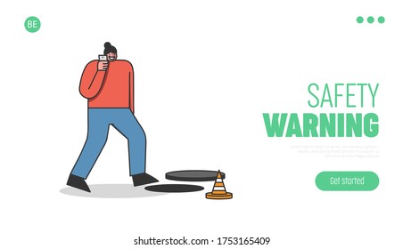 Landing page with woman walking in open manhole while talking on mobile phone. Cartoon female not noticing warning signs busy with smartphone template banner. Flat vector illustration
