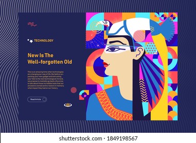 Landing page, woman's portrait, technology concept in style of Ancient Egypt, Webdesign, magazine layout, template, Space for text. Concept - technology, new is the well-forgotten old, minimalism