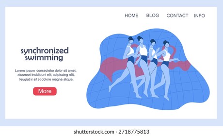 Landing page con un equipo femenino de natación sincronizada. Ilustración vectorial dibujada a mano.