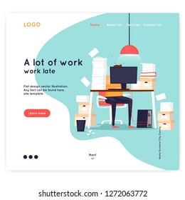 Landing page. A lot of work, fatigue, businessman. Website Template. Business workflow management. Office life, business, programmer. Data analysis. Flat design vector illustration