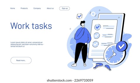 Landing page work tasks illustration. Characters making calendar appointments and to do list. Characters planning work tasks, filling check list. Business and organization concept.