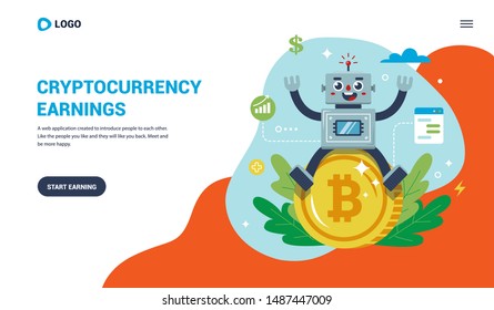 Landing page for working with bitcoin. joyful robot sitting on a coin. flat vector illustration.