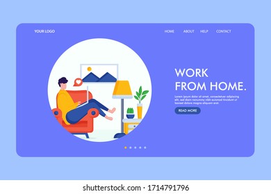 landing page Working at home. Man freelancers working on laptops and computers at home. People at home in quarantine. Vector flat style illustration.