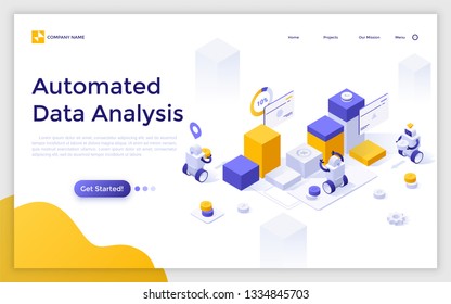 Página de inicio con robots en funcionamiento, gráficos, diagramas, gráficos y lugar para el texto. Análisis automatizado de grandes datos, tecnología de información moderna e innovadora. Isometric vectorial ilustración para el sitio web.