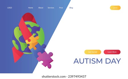 Landing page world autism awareness day with planet ribbon puzzle pieces. International solidarity, asperger’s day. Health care, mental illness. Social media post for poster, banner, cover, card
