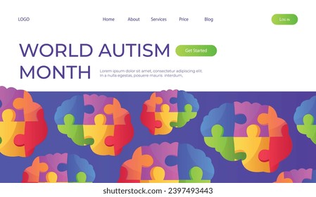 Landing page world autism awareness day with jigsaw brain puzzle pieces. International solidarity, asperger’s day. Health care, mental illness. Social media post for poster, banner, cover, card