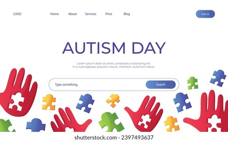 Landing page world autism awareness day with hand colorful puzzle pieces. International solidarity, asperger’s day. Health care, mental illness. Social media post for poster, banner, cover, card