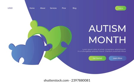 Landing page world autism awareness day with jigsaw heart puzzle pieces. International solidarity, asperger’s day. Health care, mental illness. Social media post for poster, banner, cover, card
