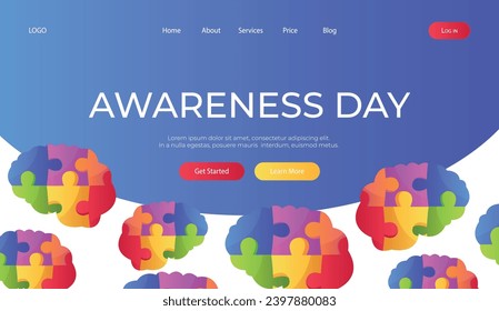 Landing page world autism awareness day with jigsaw brain puzzle pieces. International solidarity, asperger’s day. Health care, mental illness. Social media post for poster, banner, cover, card