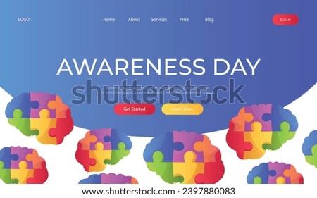 Landing page world autism awareness day with jigsaw brain puzzle pieces. International solidarity, asperger’s day. Health care, mental illness. Social media post for poster, banner, cover, card