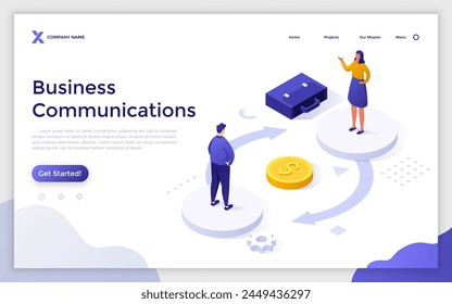 Landing page wtith businesswoman offering deal to partner. Manager conducting negotiation with customer. Business communication concept isometric vector illustration. E-commerce 3d composition
