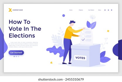 Landing page wuth Person casting ballot into slot in box at polling station. Voting, choosing option on referendum, electing candidate on governmental elections. Modern flat vector illustration