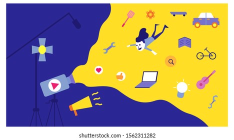 landing page for young people's creative media. various modern content. illustration of digital record media.