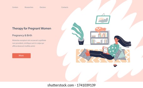 Landing page with a young pretty pregnant woman sitting in a cozy room and reading a book. Nearby are cup of tea, indoor flower, a cat on a bookcase. Therapy for pregnant women concept