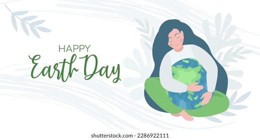 Landing page with Young woman green planet. Banner about Earth day save the planet. The concept of environmental conservation. Vector illustration.