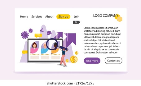 Landing page with young woman having a huge magnifying glass and searching a candidate for the company. Job search, recruiting, hiring, leader success, management concept illustration.