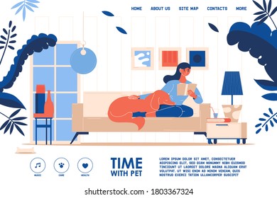 Landing page young woman reading a book with a dog in the interior. Concept illustration in vibrant colors about friendship and spending time with pet.