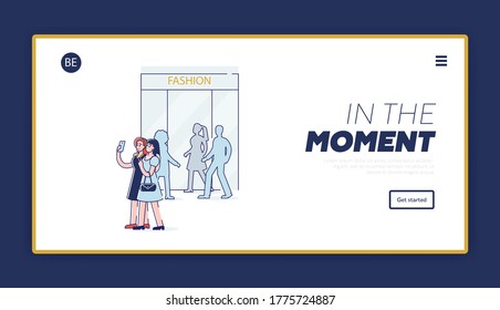 Landing page with young women taking selfie photo on smartphone together in city center or shopping mall. Girls make self portrait over shop window. Linear vector illustration