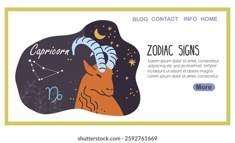 Landing page with zodiac sign, Capricorn, astrological zodiac sign. Horned goat animal, horoscope symbol, star sky. Capricornus, celestial. Hand drawn vector illustration.